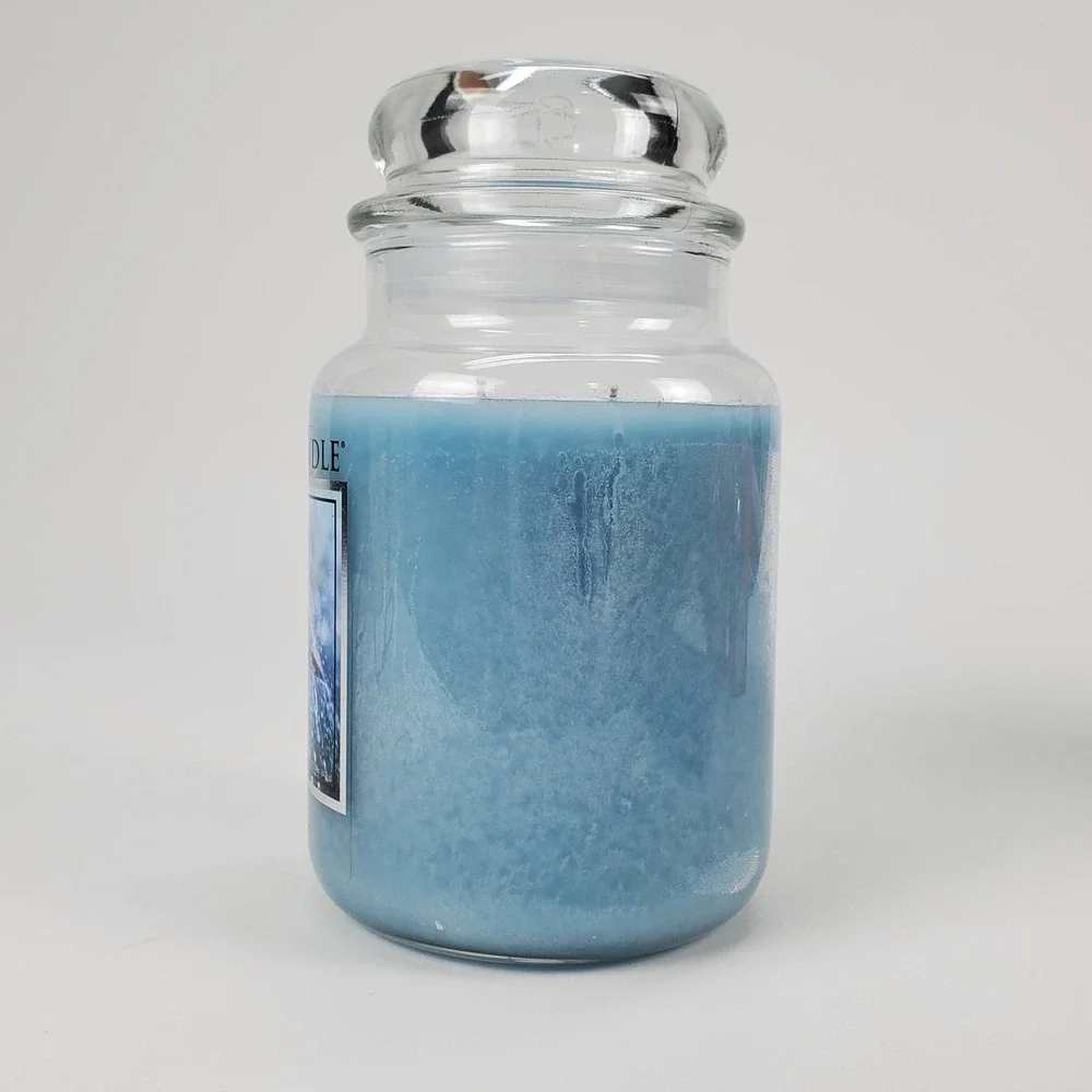 Village Candle Rain Large Glass Apothecary Jar 21.25 oz Dual Wick Blue Candle